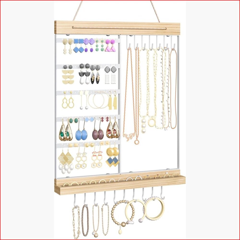 5-Tier Hanging Jewelry Organizer with Wall Mount, White Metal and Wood